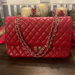 Badgley Mischka vegan red leather quilted shoulder bag.